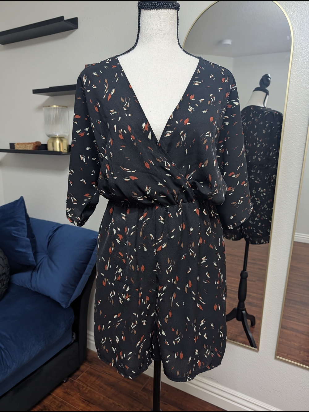 SHEIN Black Floral-Print Wrap Romper with Rust & Cream Accents
